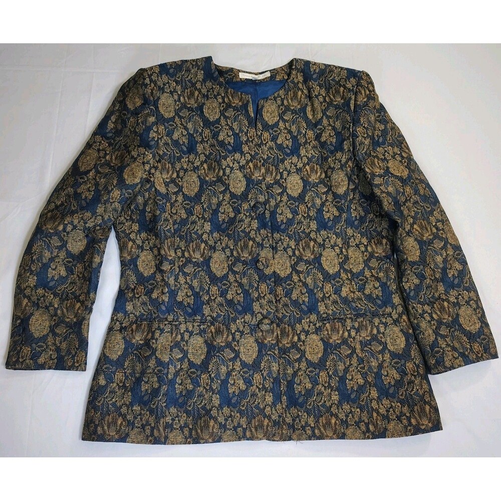 Vintage Barrie Pace Ltd. Floral Blazer Suit Jacket Sz 16 Navy Blue Gold